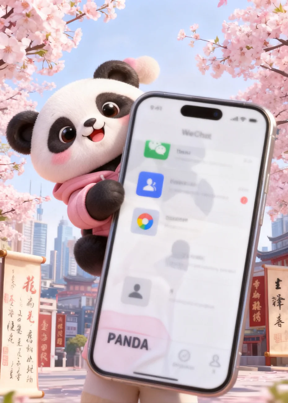 Панда выглядывает из-за телефона с открытым WeChat