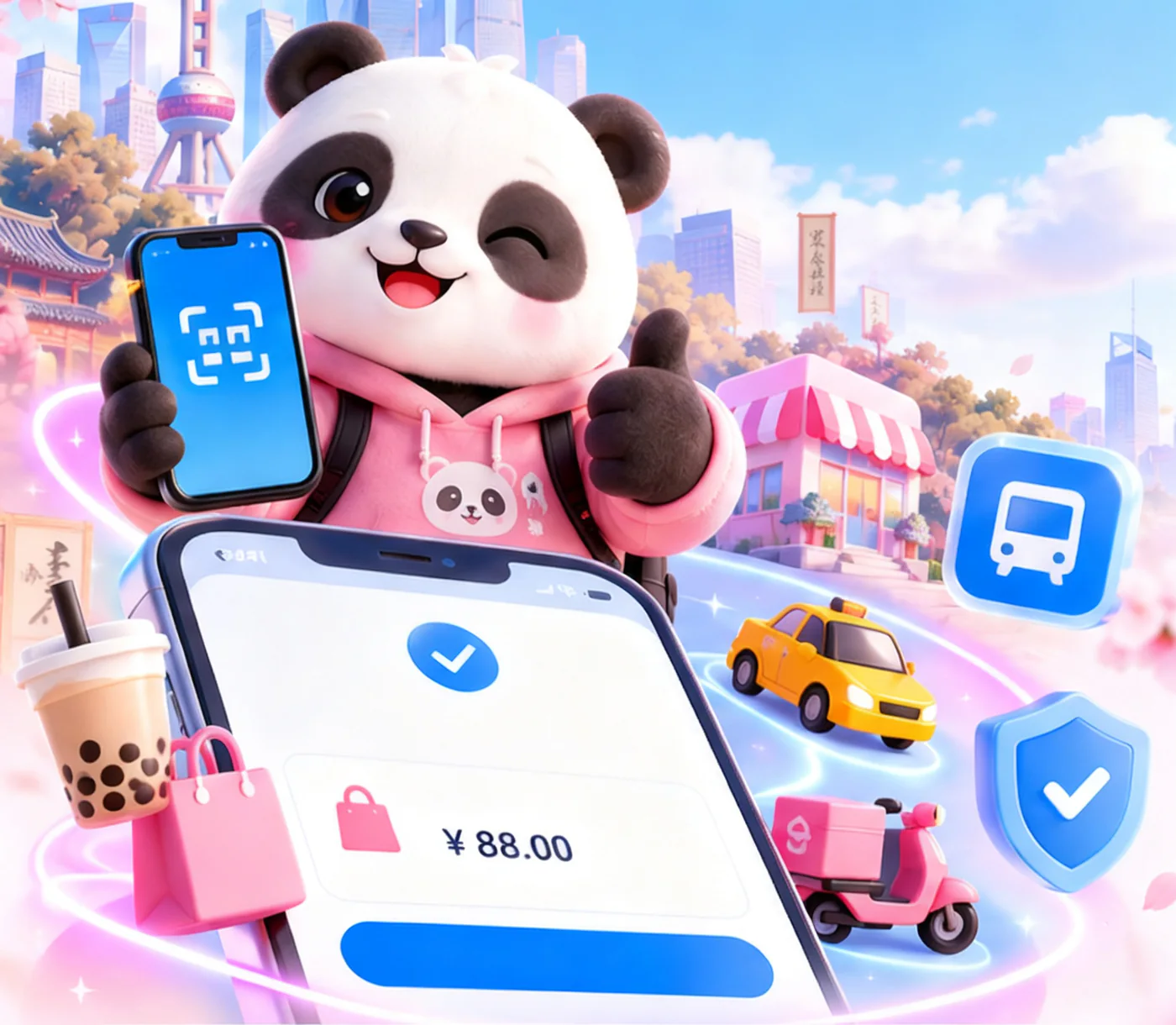 Панда с телефоном: оплата через Alipay прошла, вокруг такси, автобус и доставка